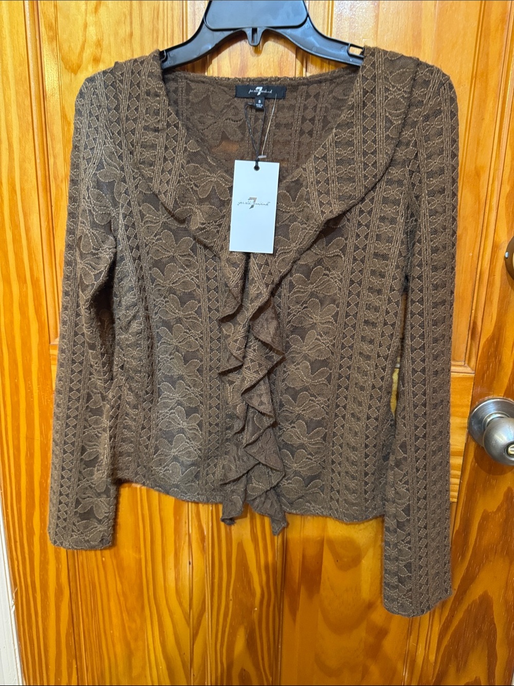 Amy Byer Brown Ruffle-Front Lace Knit Cardigan